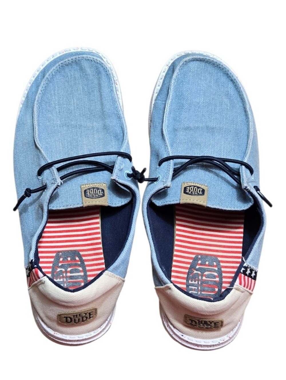 Hey Dude Wendy Americana Light Denim Slip-Ons with USA Theme Size 8